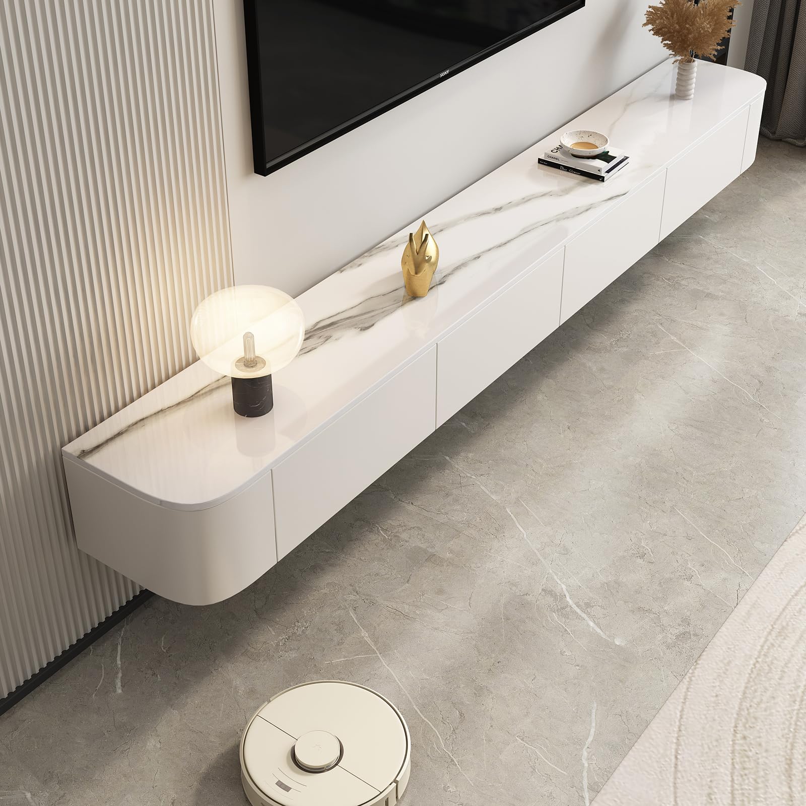 Wisząca szafka pod telewizor, pływająca szafka pod telewizor, czarna szafka ścienna z litego drewna z 2 szufladami, elegancki i wiszący design, półka do przechowywania do salonu lub sypialni (tekstura