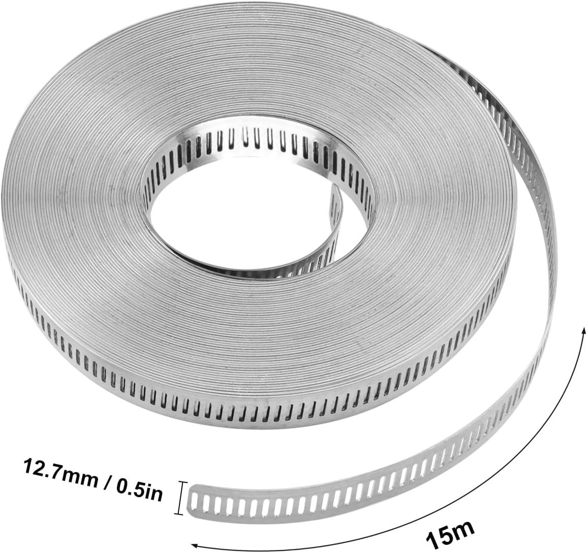 304 Stainless Steel Hose Clamp Assortment Kit,Include 50FT Metal Strap & 24 Stronger Fasteners, Large Adjustable Worm Gear Hose Clamps for Pipe, Tube, Duct, and More