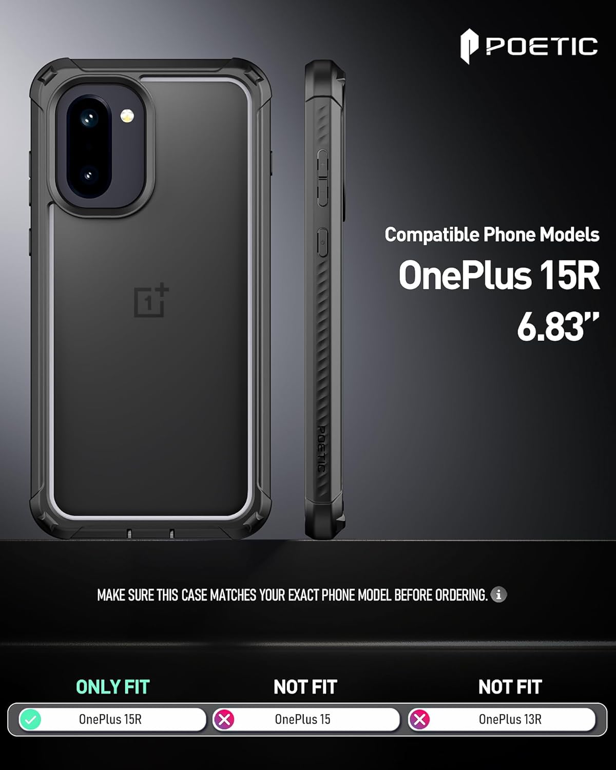 Poetic Guardian Case for OnePlus 15R 5G, 20FT Mil-Grade Drop Tested | Tempered Glass Screen Protector, Full Body Shockproof Rugged Clear Cover Case, Black/Clear