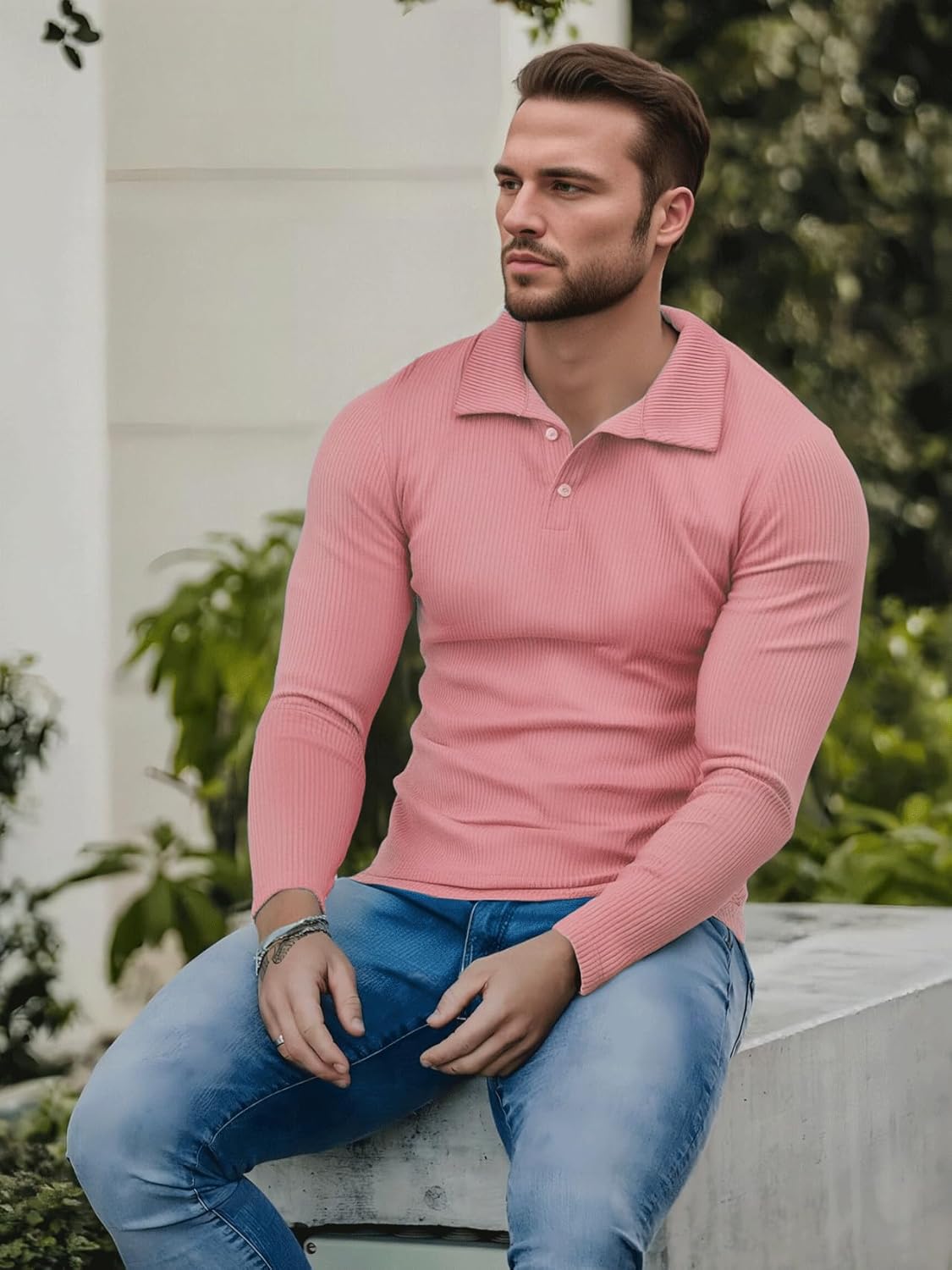 Men's Muscle Slim Fit Polo Shirts Long&Short Sleeve Stretch T-Shirts Casual Stylish Tee for Golf Workout