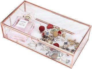 HighFree Vintage Pink Glass Lidded Box, Decorative Jewelry Keepsake Display Organizer, Clear Rectangle Box, Rings Bracelet Organizer for Wedding Birthday Party (Pink)
