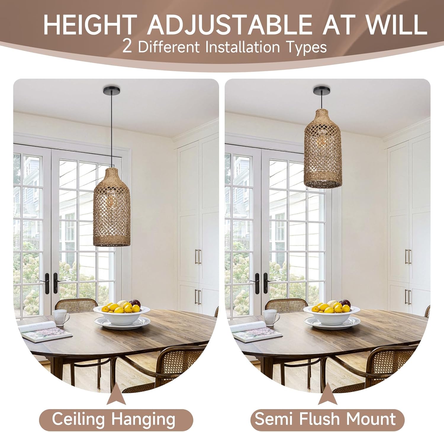 Rattan Pendant Lights Kitchen Island, Handwoven Boho Ceiling Pendant Light with Wicker Lampshade, Farmhouse Rustic Chandelier Hanging Lamp for Bedroom, Dining Room, Living Room, Entryway, Foyer