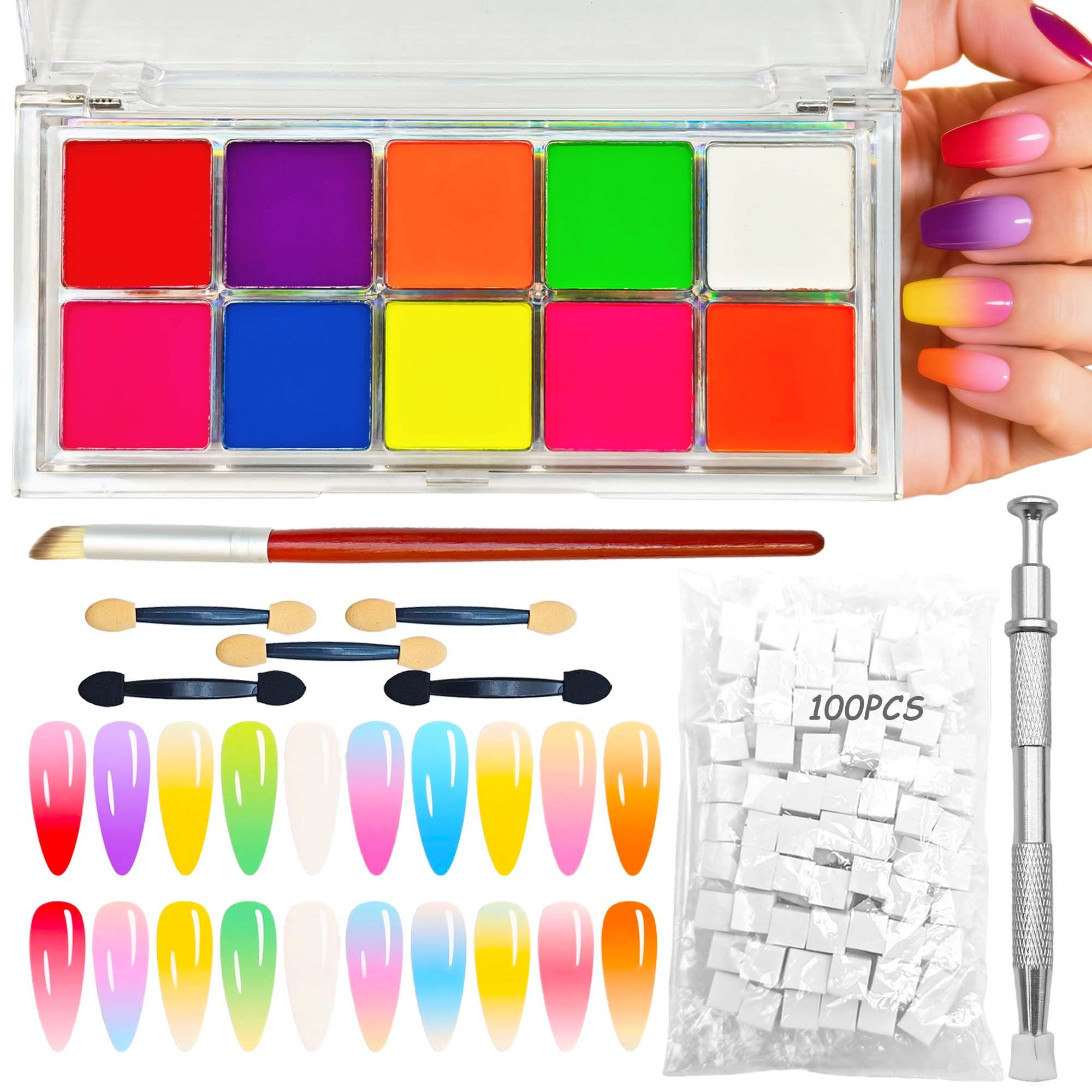 Nail Pigment Powder Set - 10 Colors Nail Ombre Powder for Nail Art, with 100pcs Nail Sponges with Grabbing Pen, Ombre Nail Brush, 5 Sponge Sticks, DIY Manicure Tools