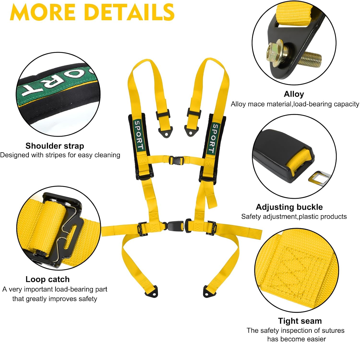 4 Point Harness Seat Belt With Padding Heavy Duty Buckle Upgraded 3 Inch Black Straps UTV Harness 4 point Universal Adjustable for Kids and Adults Easy Install, Yellow