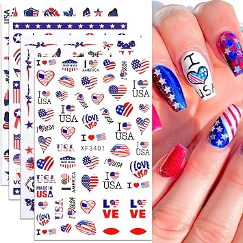 8sheets National Flag Nail Stickers American Independence Day Nail Decal Nail Art Decoration Supplies National Flag Star Butterfly Heart Shape Design for Women Nail Art Accessories