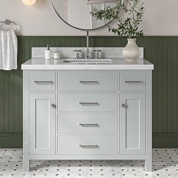DKB Alenza 42-Inch Gray Single Bathroom Vanity with Sink 1.5" Italian Carrara Marble Top & Backsplash, Rectangular Undermount Sink, 2 Soft Closing Doors, 3 Dovetail Drawers, Chrome Hardware