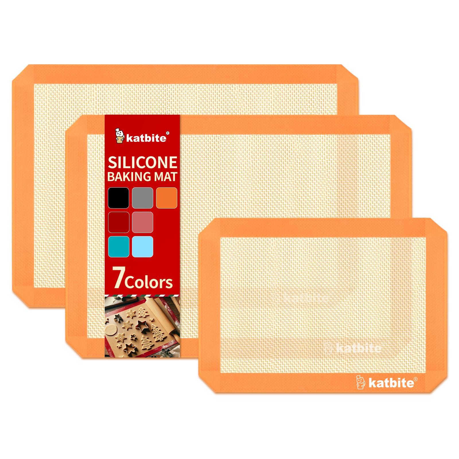 katbite Silicone Baking Mat Colorful Collection - Set of 3: 2 Half Sheets Mats (11 5/8" x 16 1/2") + 1 Quarter Baking Sheet, Reusable & Nonstick Bakeware Mats for Cookies, Macarons, Bread (Orange)