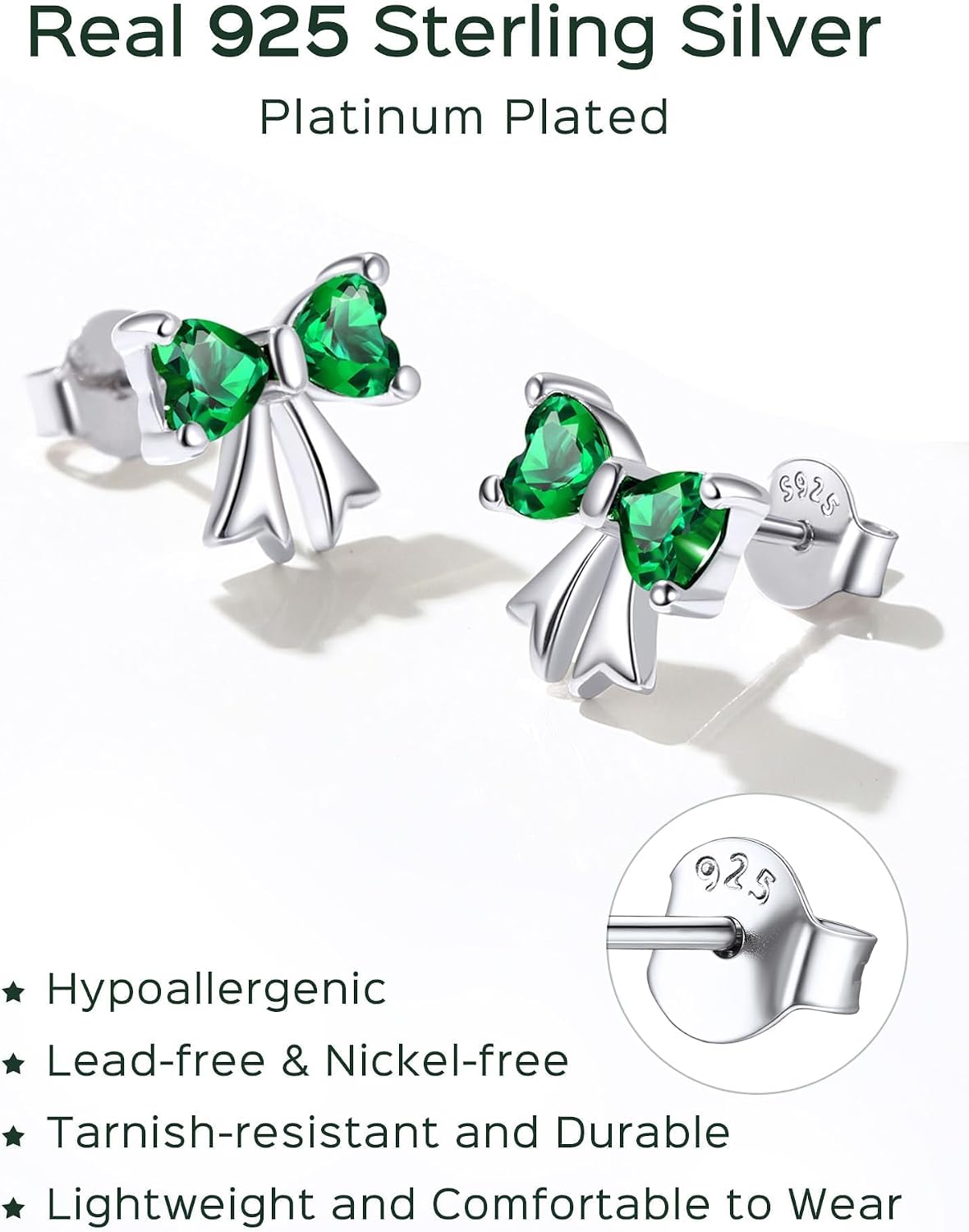ChicSilver 925 Sterling Silver Bow/Butterfly Earrings for Women Hypoallergenic Birthstone Earrings Dainty Bow/Butterfly Jewelry Gift for Women