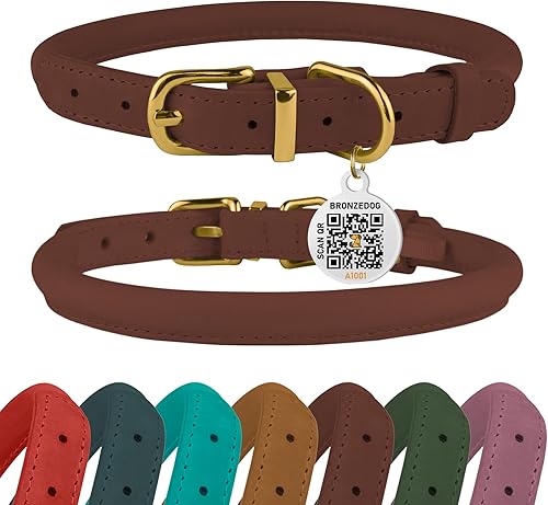 Collar de cuero enrollado, redondo, suave y ajustable con placa de identificación por QR para perro pequeño, mediano y grande, cachorro y gato