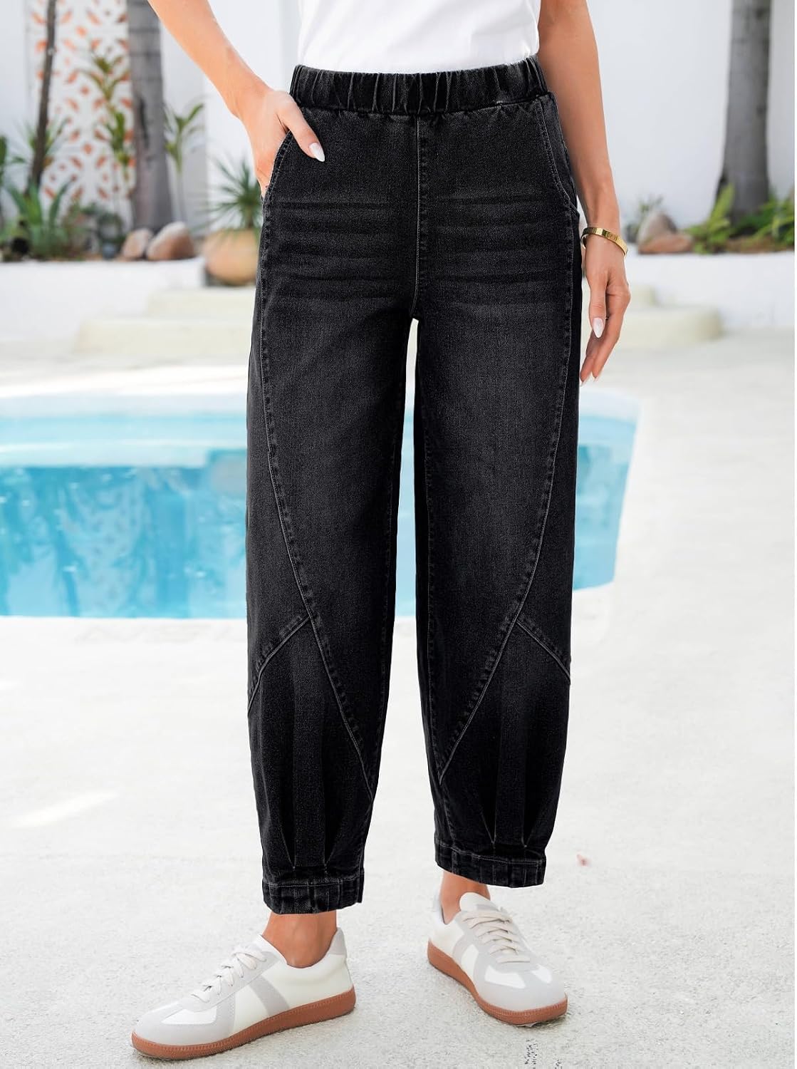 Sidefeel Womens Barrel Jeans High Waisted Elastic Stretchy Baggy Wide Leg Jeans Trendy Patchwork Loose Ankle Denim Pants