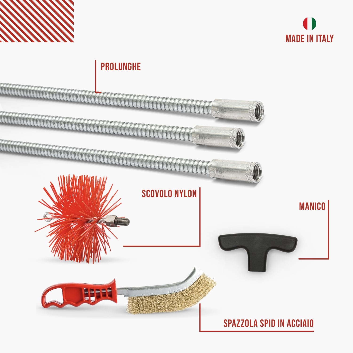 BARETTO Kit Pulizia Camino Canna Fumaria FLEX Ø 130 mm Prolunghe Molla 3 m Curvatura 90° Scovolo Nylon Attacco M12