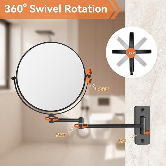 8 inch Makeup Mirror Wall Mounted, 1X/10X Double-Sided Wall Mount Magnifying Bathroom Shaving Mirror with Extendable Arm, 360° Swivel for Bathroom Vanity and Makeup, Matte Black（No Light）