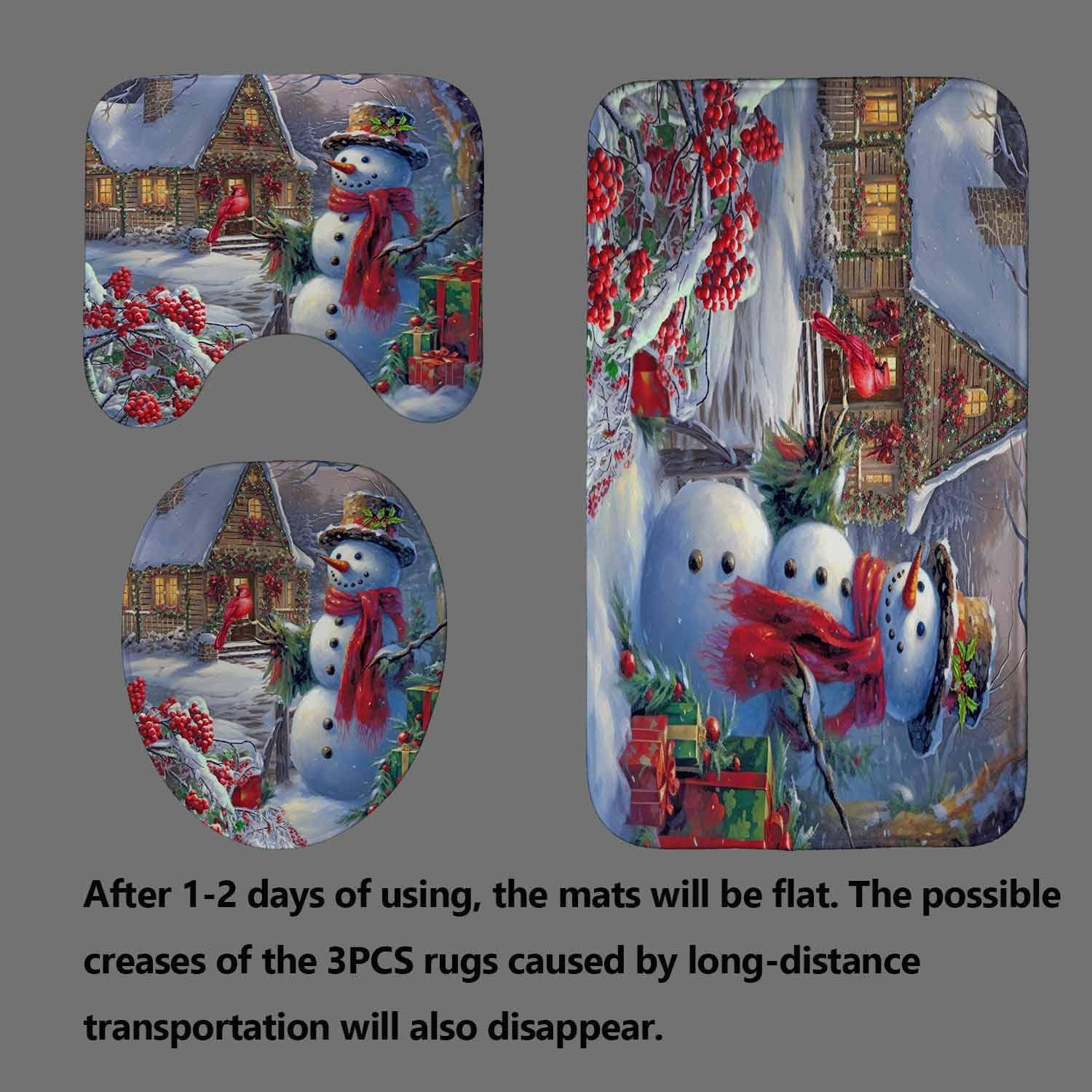 4PCS Christmas Snowman Shower Curtain Sets with Rugs, Waterproof Fabric Shower Curtain, Winter Vintage Barn Red Berry Holly Cardinal Bird Xmas Gifts Holiday New Year Christmas Bathroom Decor