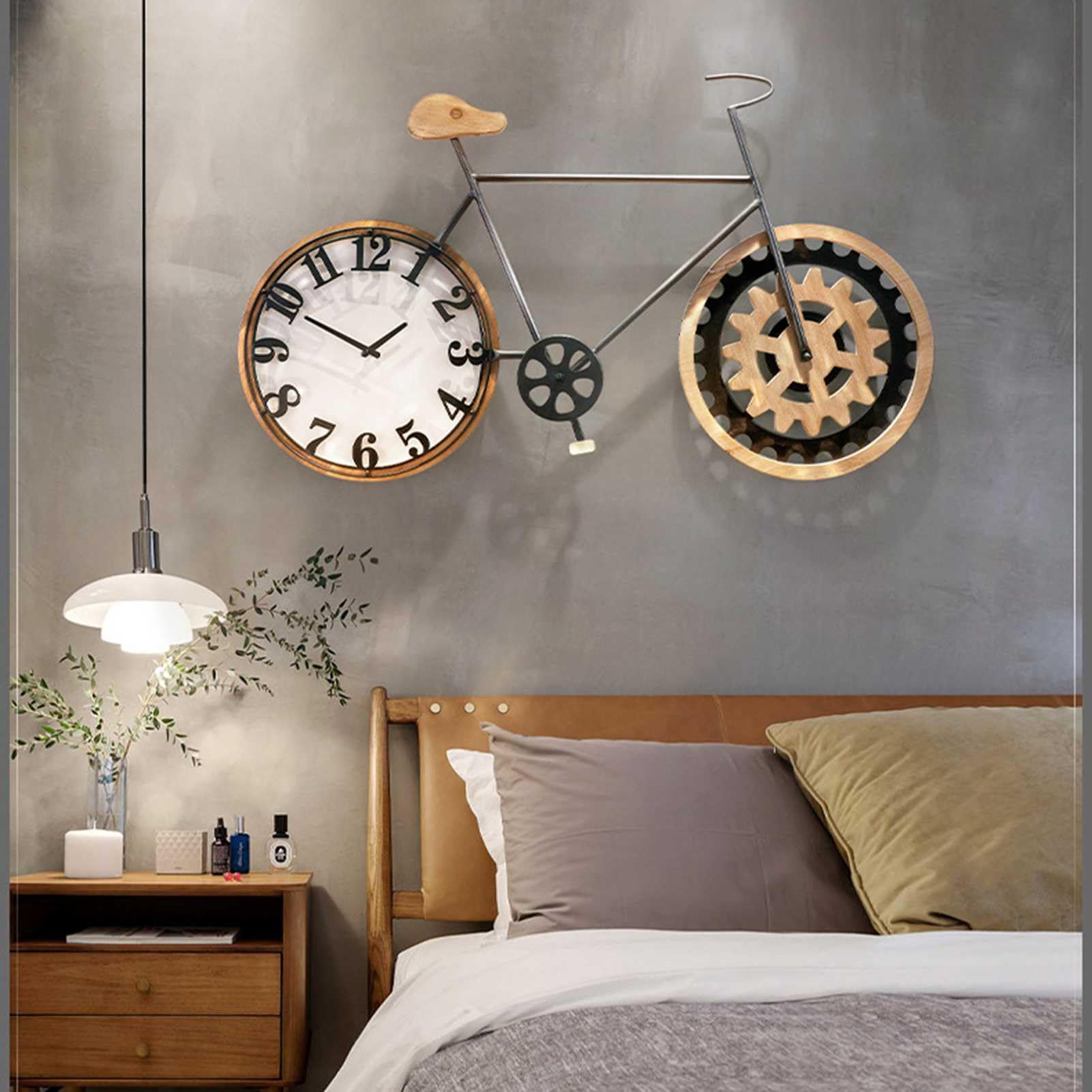 Wanduhr, dekoratives Fahrraddesign, arabische Ziffern – Vintage, leise, nicht tickend, Retro-Holzuhr, batteriebetrieben, 108 x 63 cm