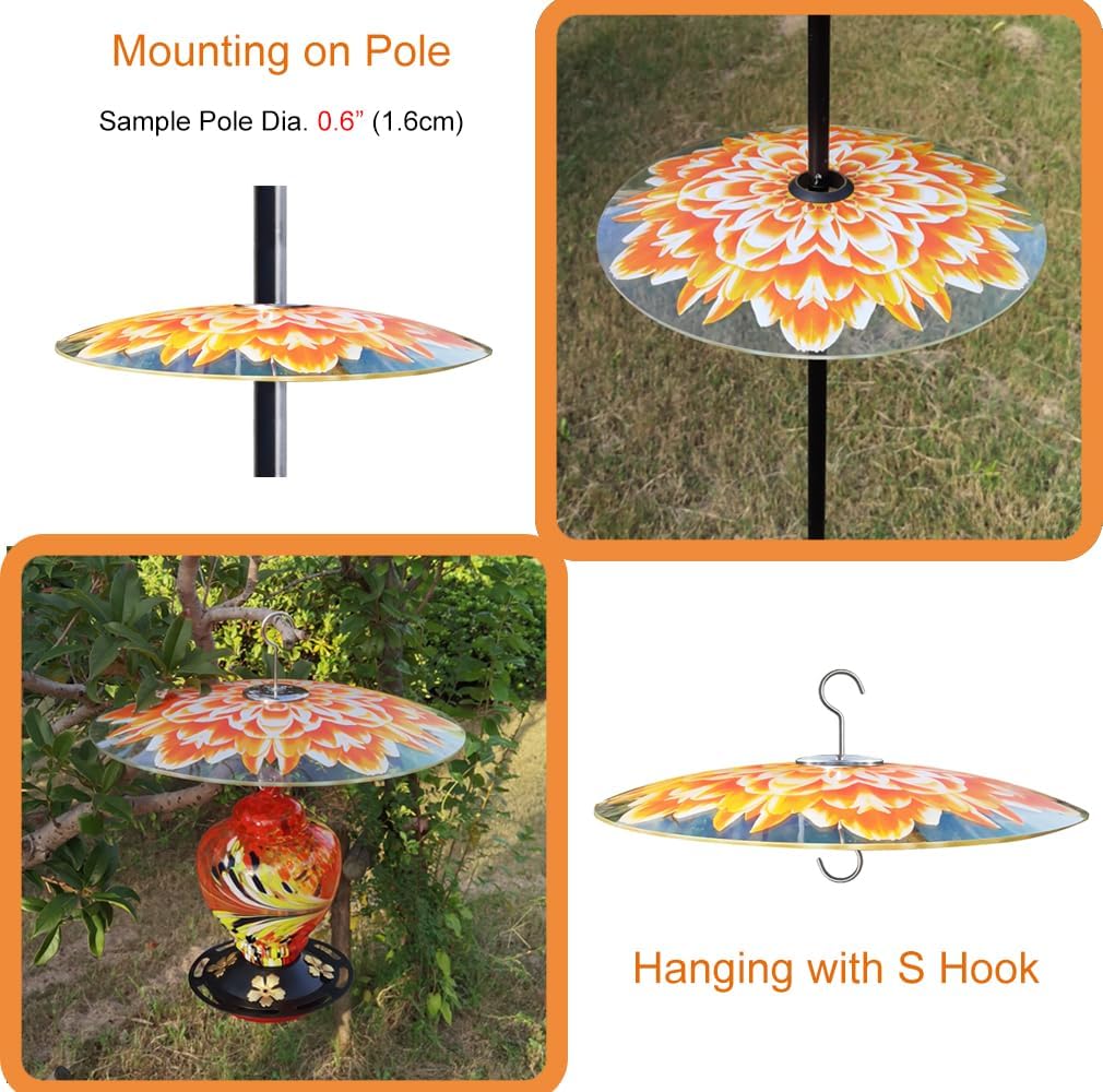 13" Glass Rain Guard for Bird Feeder Outdoors - Baffle on Shepherd Pole/Post or S Hook Hanging - Large Weather Guard Protective Dome - Dia. 33CM - Flower Daisy