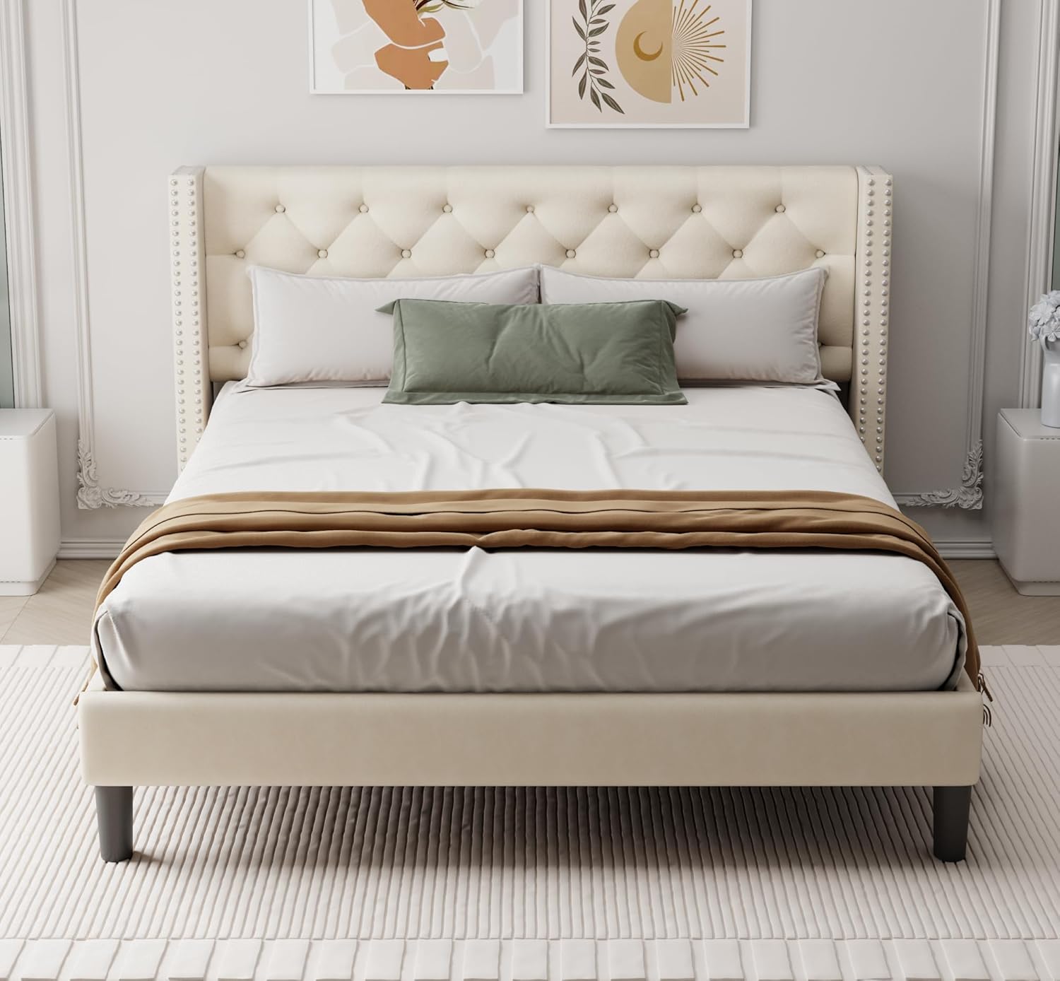 Full Bed Frame Modern Minimalist Tufted Headboard