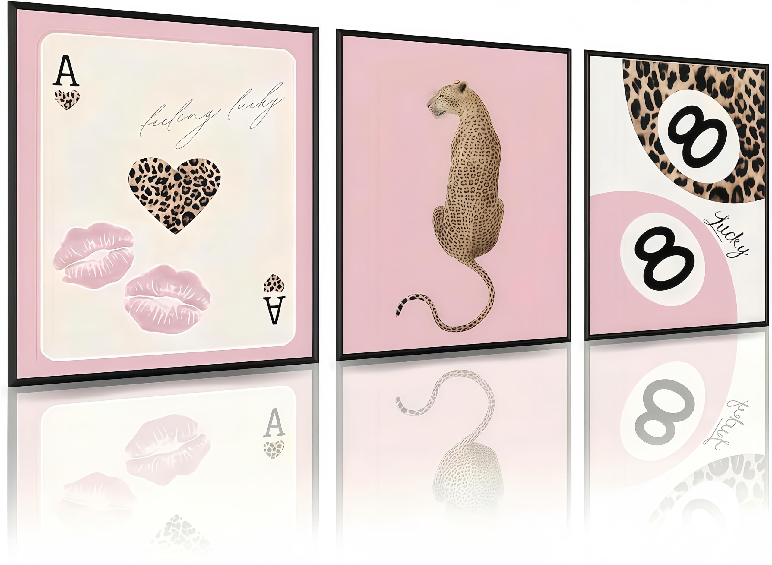 Linilioart Set of 3 Coquette Pink Leopard Wall Art Cheetah 8 Ball Luxury Print Aesthetic Decor for Bedroom Living Room,Unframed (30x40cm)