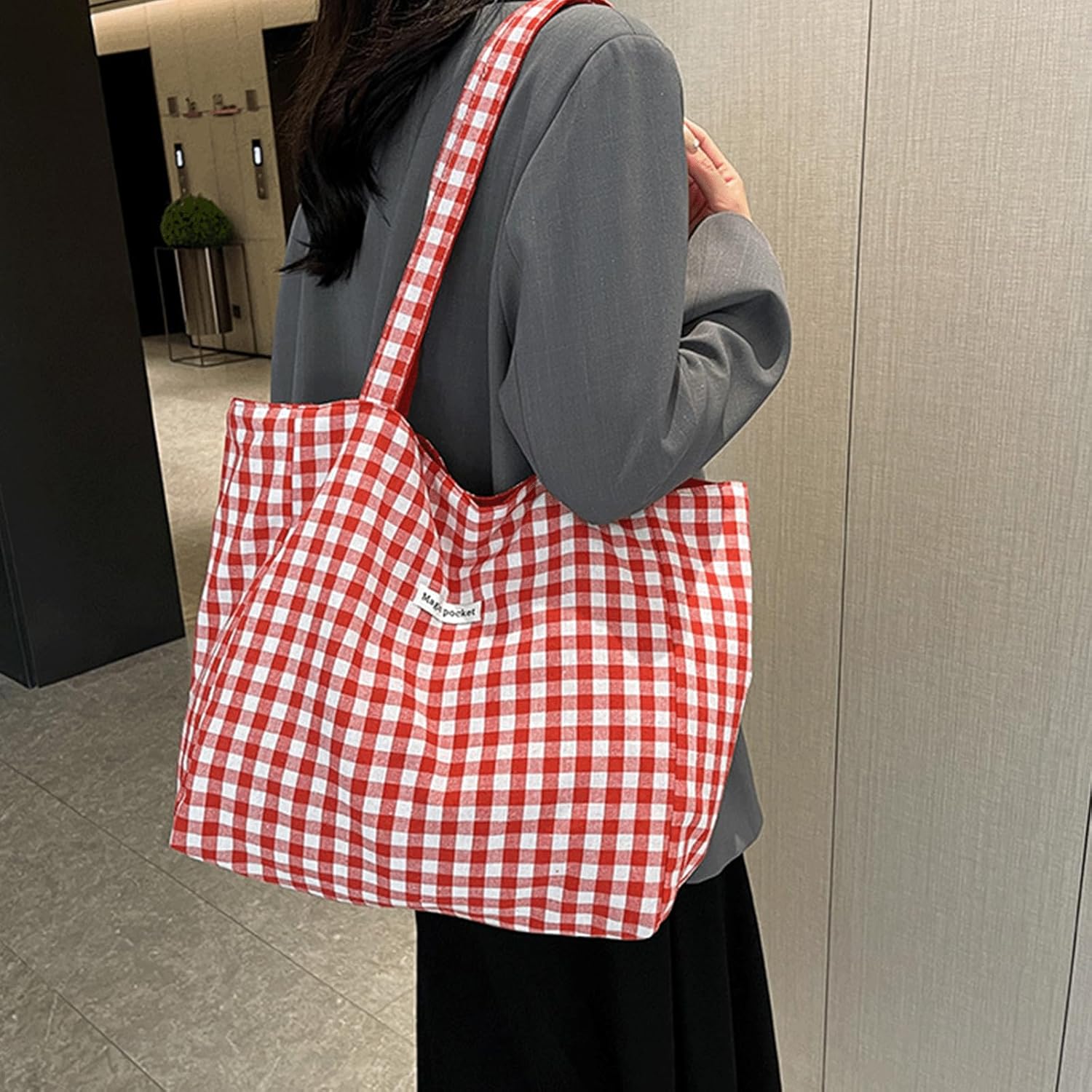 Gingham Tote Bag Large Capacity Women's Plaid Shoulder Bags Lightweight Canvas Gingham Tote Handbag for Travel - Image 4