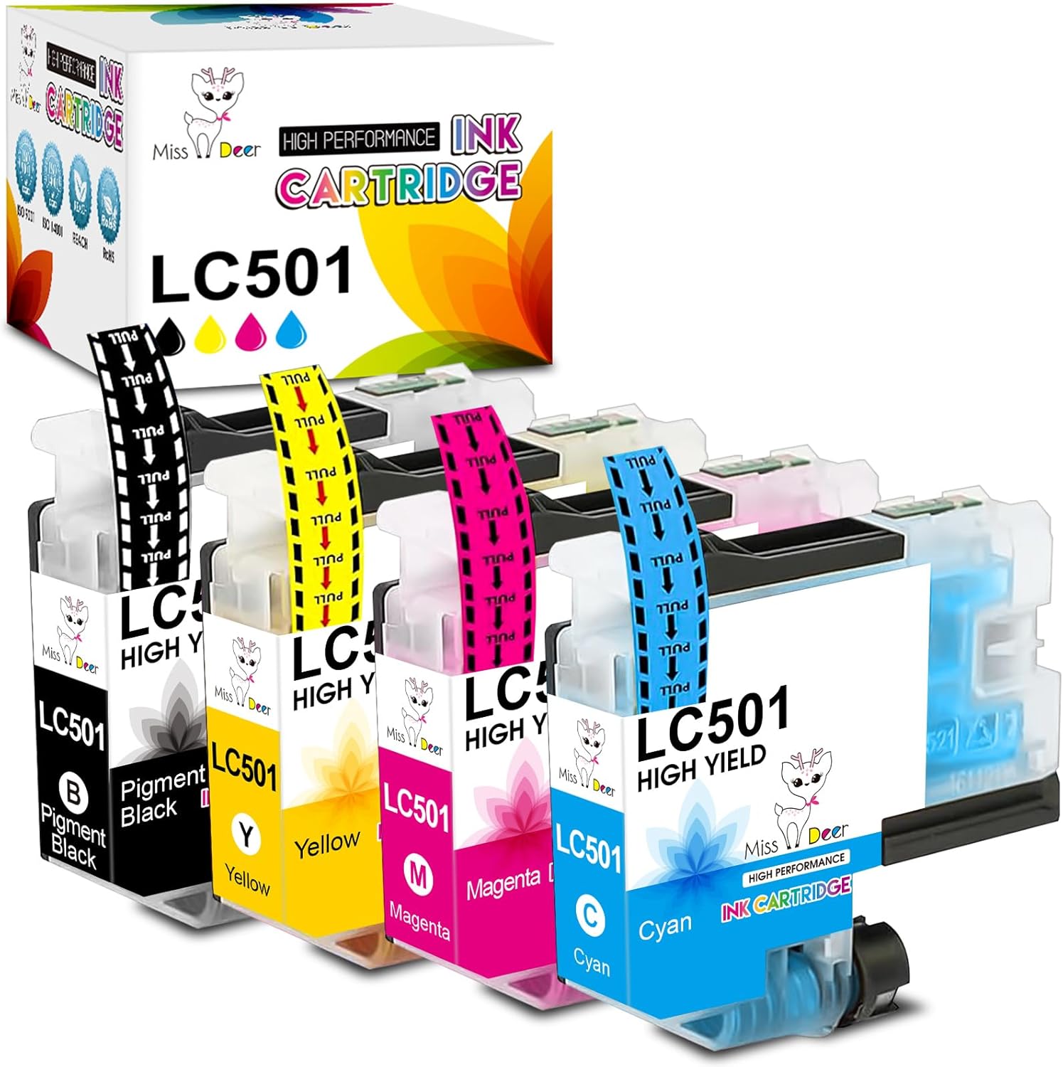 LC501 Ink Cartridges 4 Pack Compatible for Brother LC501 LC 501 Ink Cartridges LC501BK LC501C LC501M LC501Y use with MFC-J1260DW MFC-J1360DW MFC-J1410DW Printers (Black, Cyan, Magenta, Yellow)