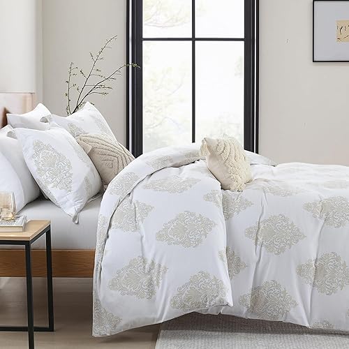 Miniatura 3 de Y-PLWOMEN Funda de edredón King  Funda de edredón 100% algodón tamaño King, juego de funda de edredón de 3 piezas con patrón de medallón de damasco,