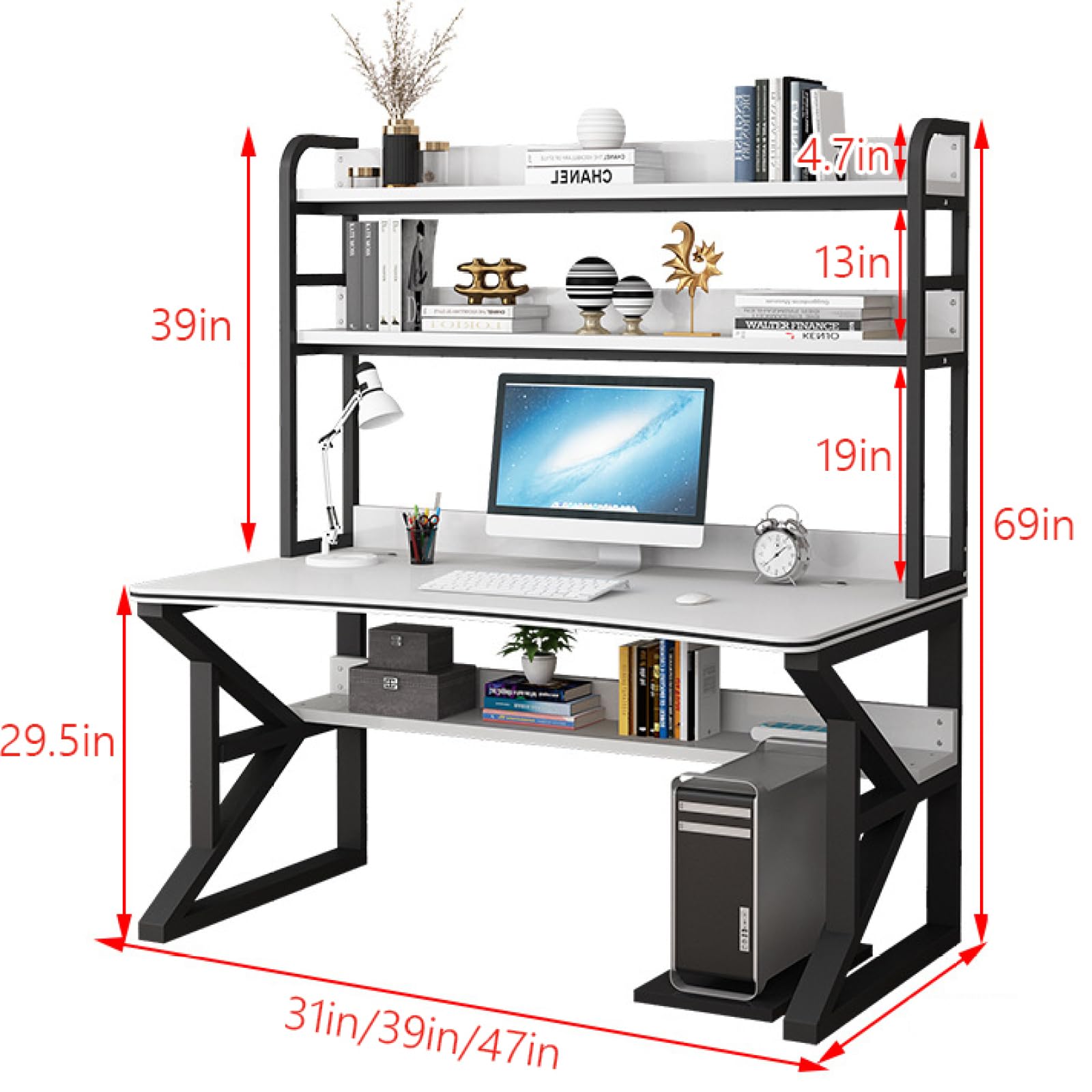 Scrivania Moderna per Ufficio Domestico con Ripiani portaoggetti, postazione di Lavoro per Studio, Scrittura e Gaming in spazi ridotti (120 cm, Struttura Bianca e Nera)