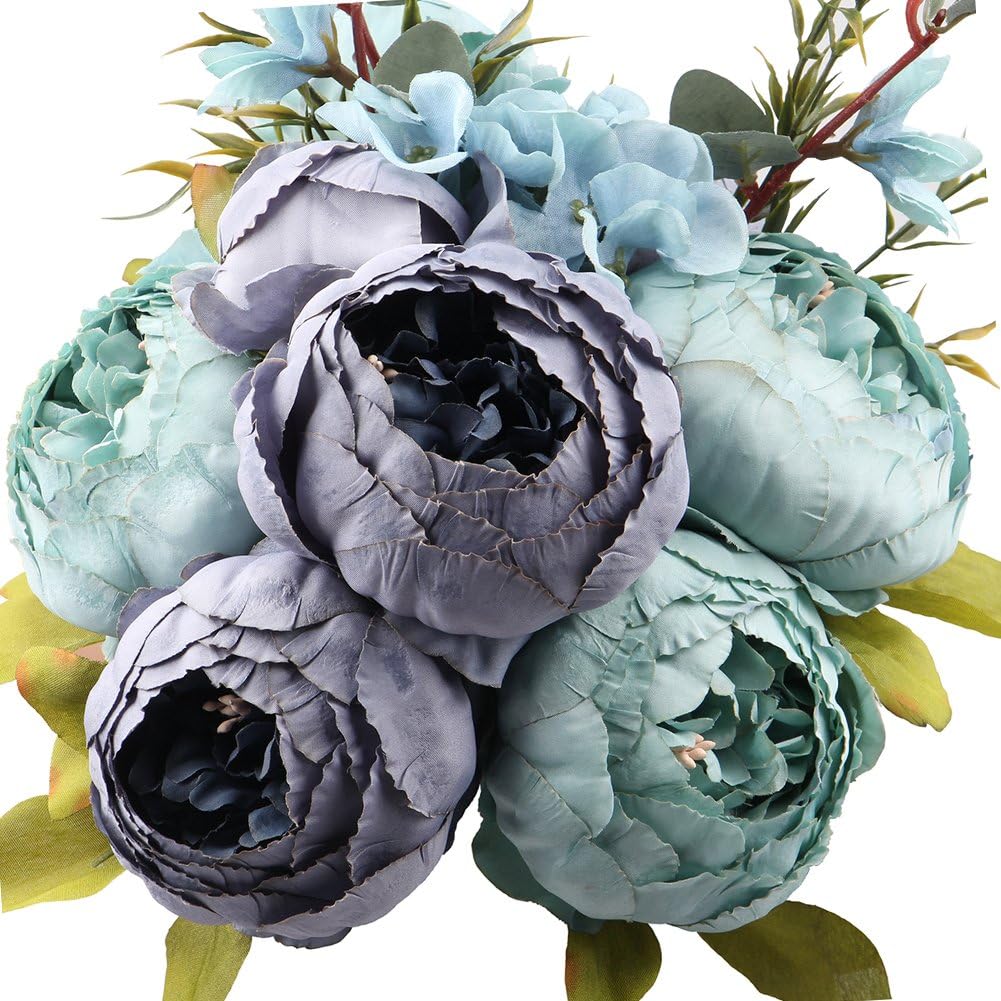 Leagel Fake Flowers Vintage Artificial Peony Silk Flowers Bouquet Wedding Home Decoration, Pack of 1 (Spring Blue)