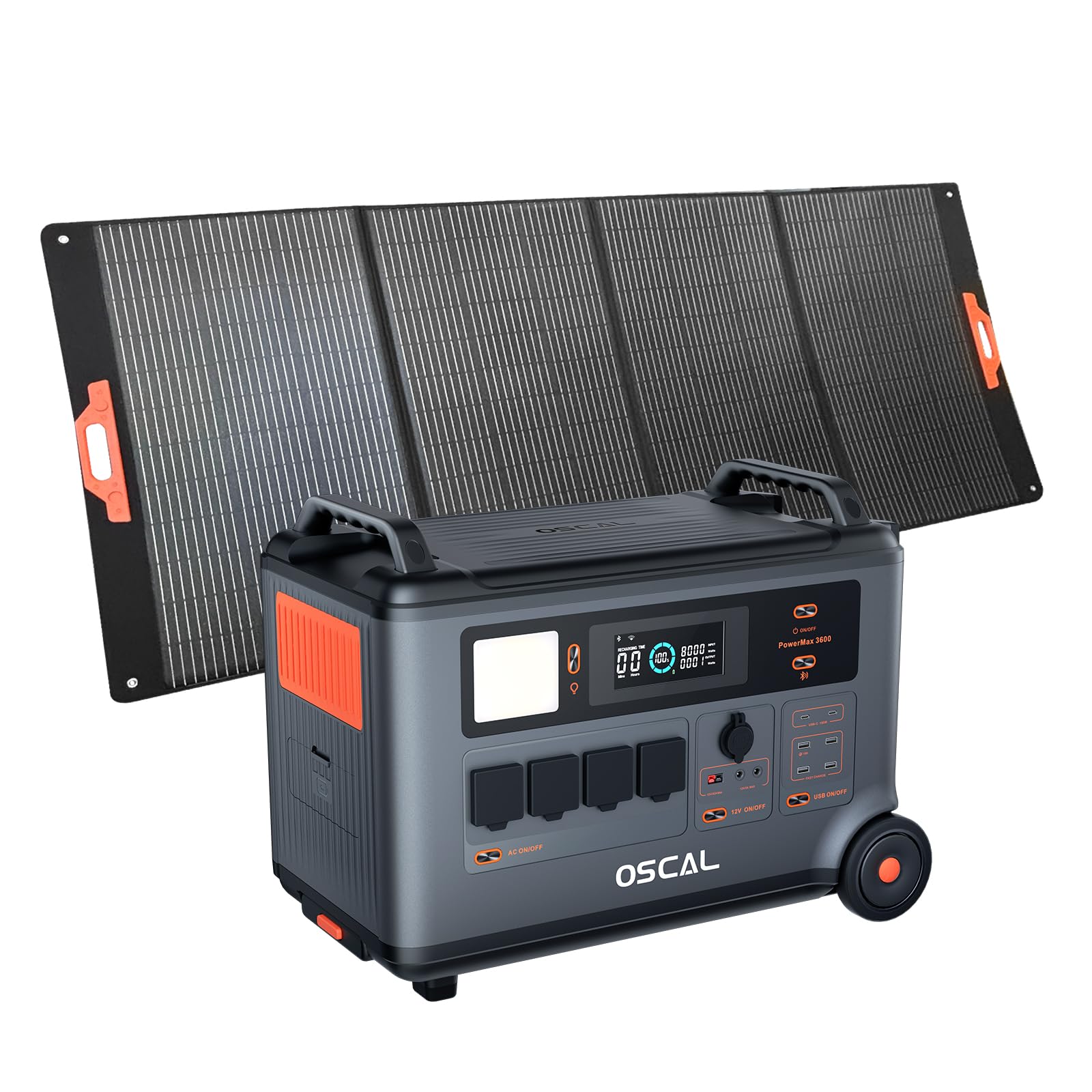 Stazione di energia portatile OSCAL PM3600+PM400, Batteria di riserva domestica LFP 3600Wh, Carica completa 1.2H, Generatore solare per campeggio, camper, con pannello solare 400W