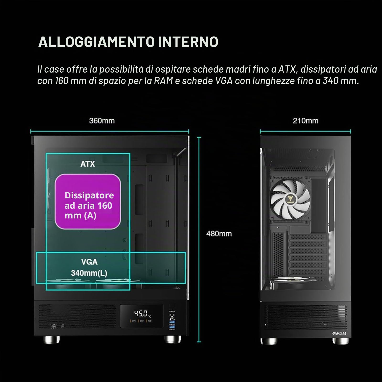 GAMDIAS ATLAS E1 ATX Mid Tower PC Case, monitor in tempo reale, 3 ventole ARGB da 120 mm, vetro temperato senza cuciture, prese d'aria laterali ad alto flusso d'aria, nero