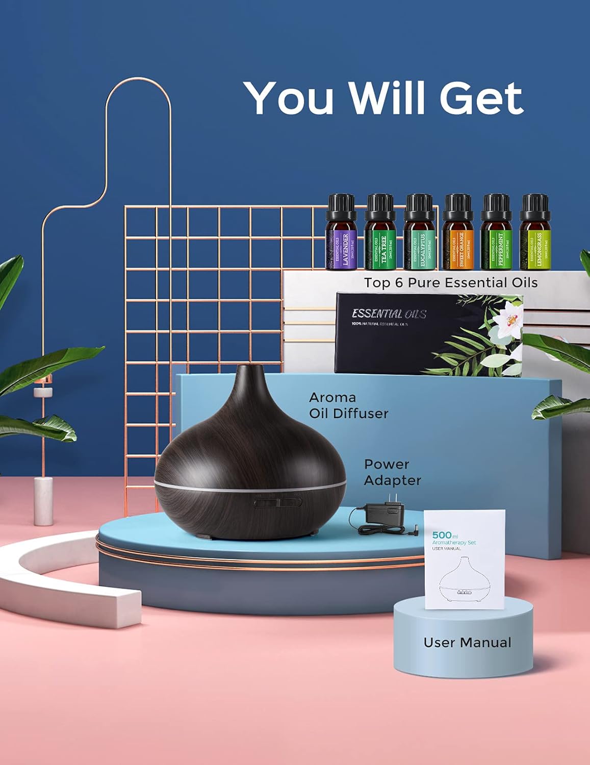 Diffuser with Essential Oils Included, 500ml Aromatherapy Diffuser with Essential Oil Set 6x10mL, 23dB Super Quiet Essential Oil Diffuser Gift Set with 14 Color Lights 4 Timers for Home Bedroom Office : Health & Household