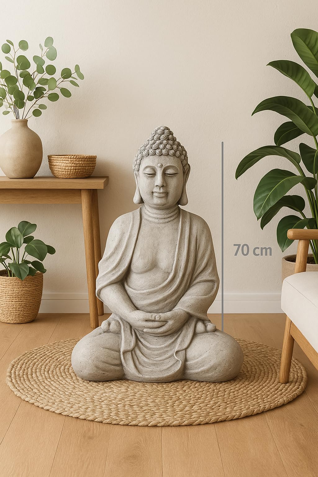 Worldconnection XXXL Grand Bouddha 70 cm Aspect Pierre Décoration de Jardin Statue Sculpture Feng Shui Assis Aspect Pierre