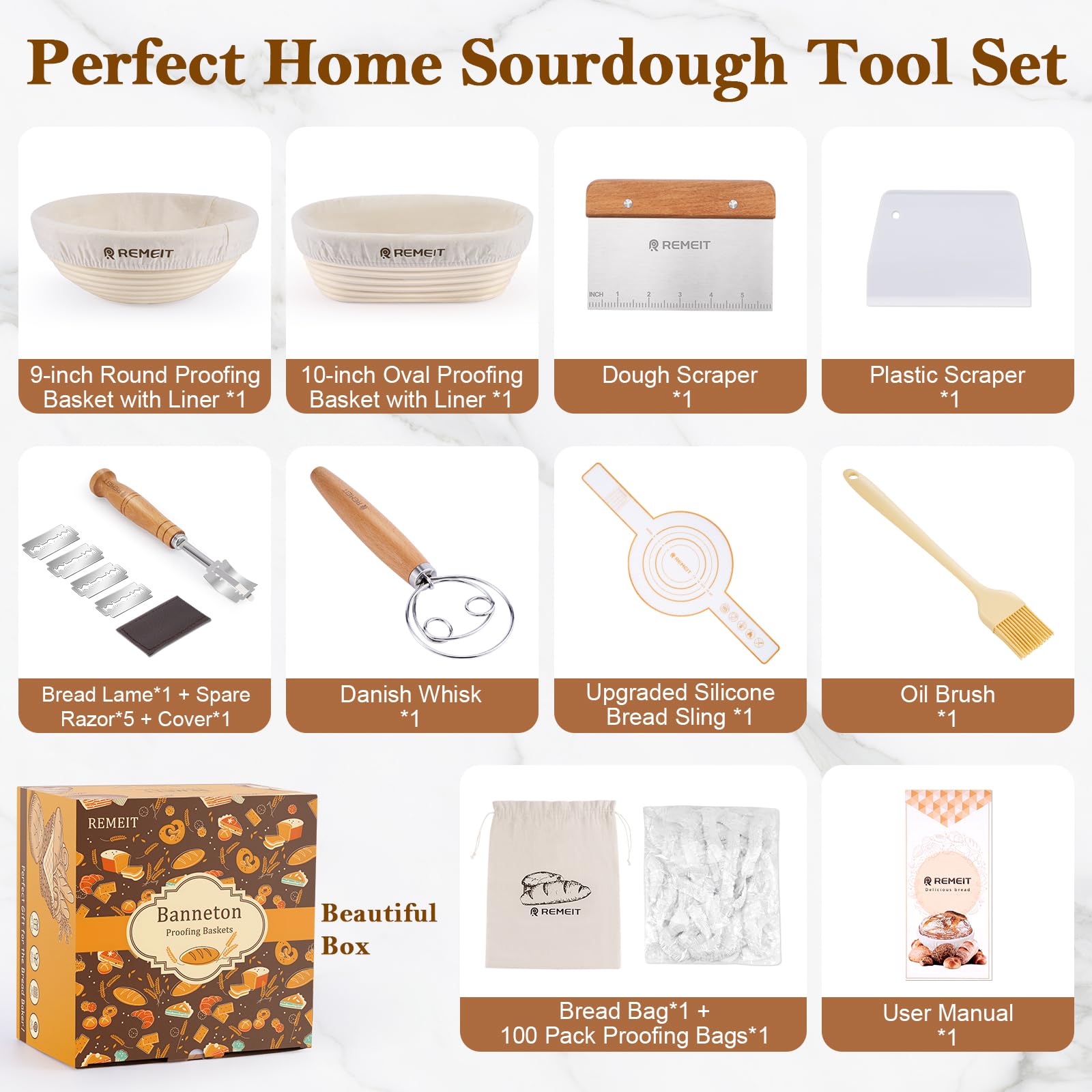 Banneton-Brot-Gärkorb, Sauerteigbrot-Backzubehör, Sauerteig-Starter-Set mit 23 cm runden und 25 cm ovalen Körben, Schlinge, Brotlamelle, Gärdeckel, Teigbesen