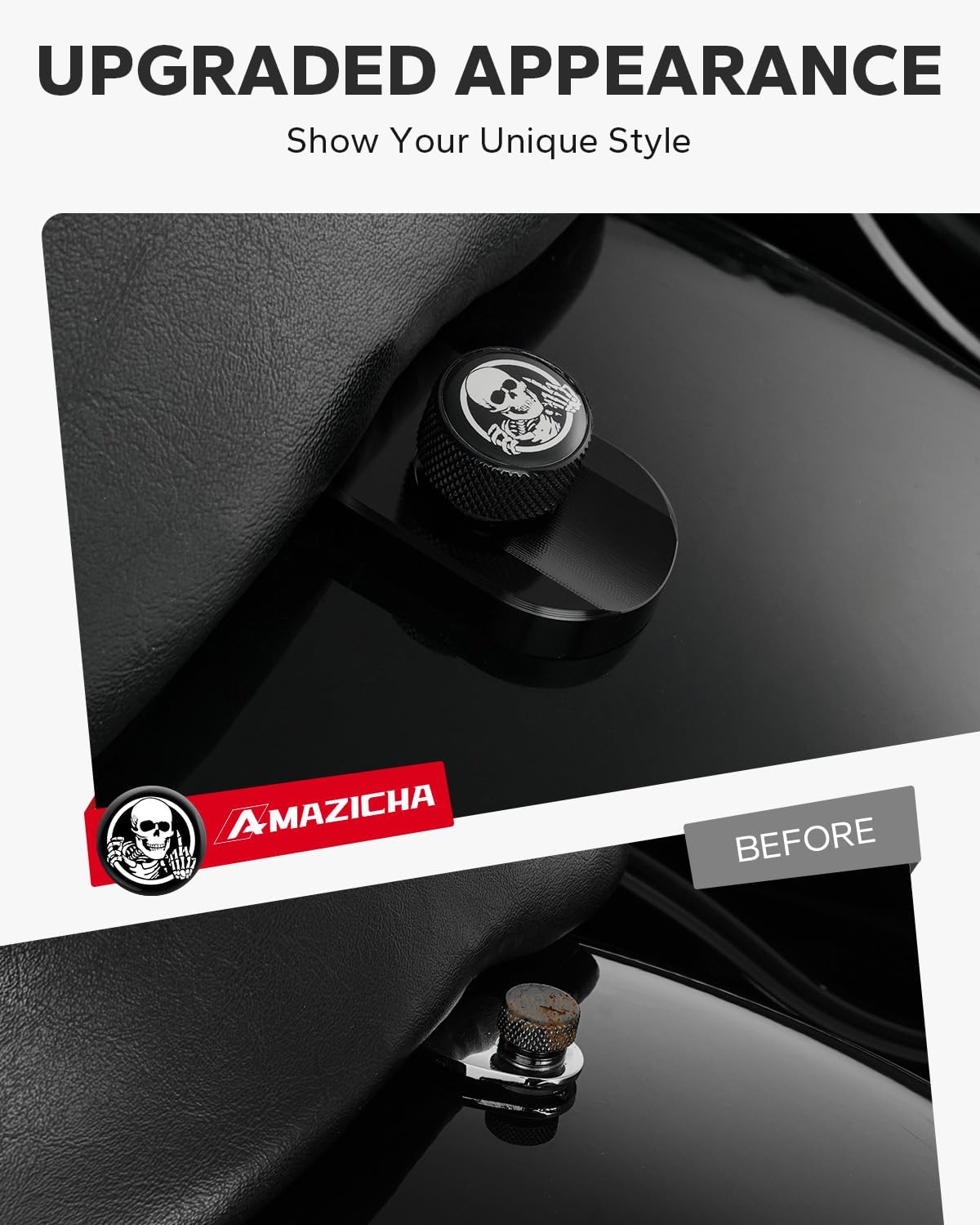 Amazicha Stainless Steel Seat Bolt Skull Pattern Tab Screw Mount Knob Cover Compatible for Harley Davidson Sportster Softail Touring Dyna 1996-2026 Black