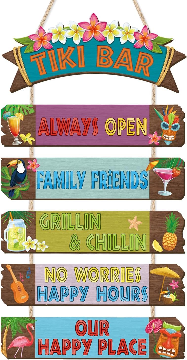 CHDITB Tiki Bar Wooden Sign Tropical Hawaiian Hanging Sign Happy Hours Wall Plaque for Outside Patio Decor Summer Beach Flamingos Toucans Luau Party Decor for Backyard Beach Bar Outdoor