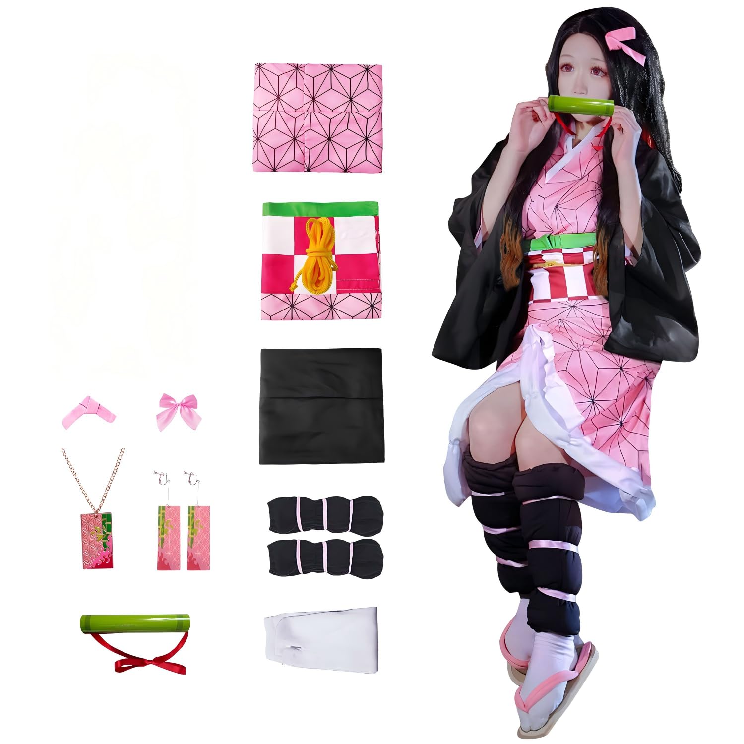 11 pcs Nezuko Cosplay Costume Kimono for Kids Adults Robe Japanese Anime Costume Halloween Kimono Outfit With Wig-image-14