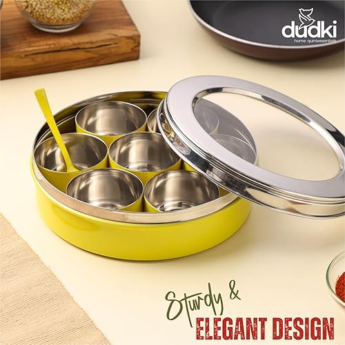 Miniatura 8 de DUDKI Homes - Caja de masala de acero inoxidable, caja de especias, Masala Dabba con organizador de cocina con tapa transparente con 7 recipientes y