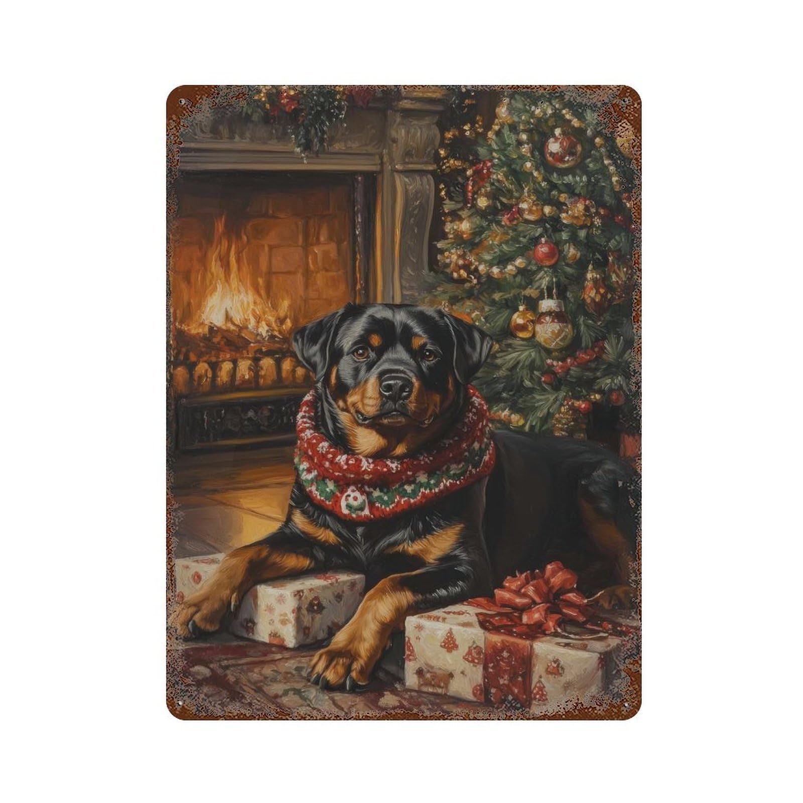 Rottweiler Christmas Portrait Christmas Tree Dog Print Aged Metal Wall Plaque 15.7"x11.8", Industrial Home Decor for Pub, Kitchen And Man Cave Decor