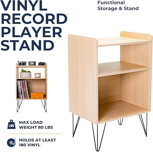 Miniatura 5 de CalmHouse Soporte para tocadiscos con patas de metal, soporte para tocadiscos de 3 niveles, 21 x 16 x 33 pulgadas, almacena hasta 180 álbumes,