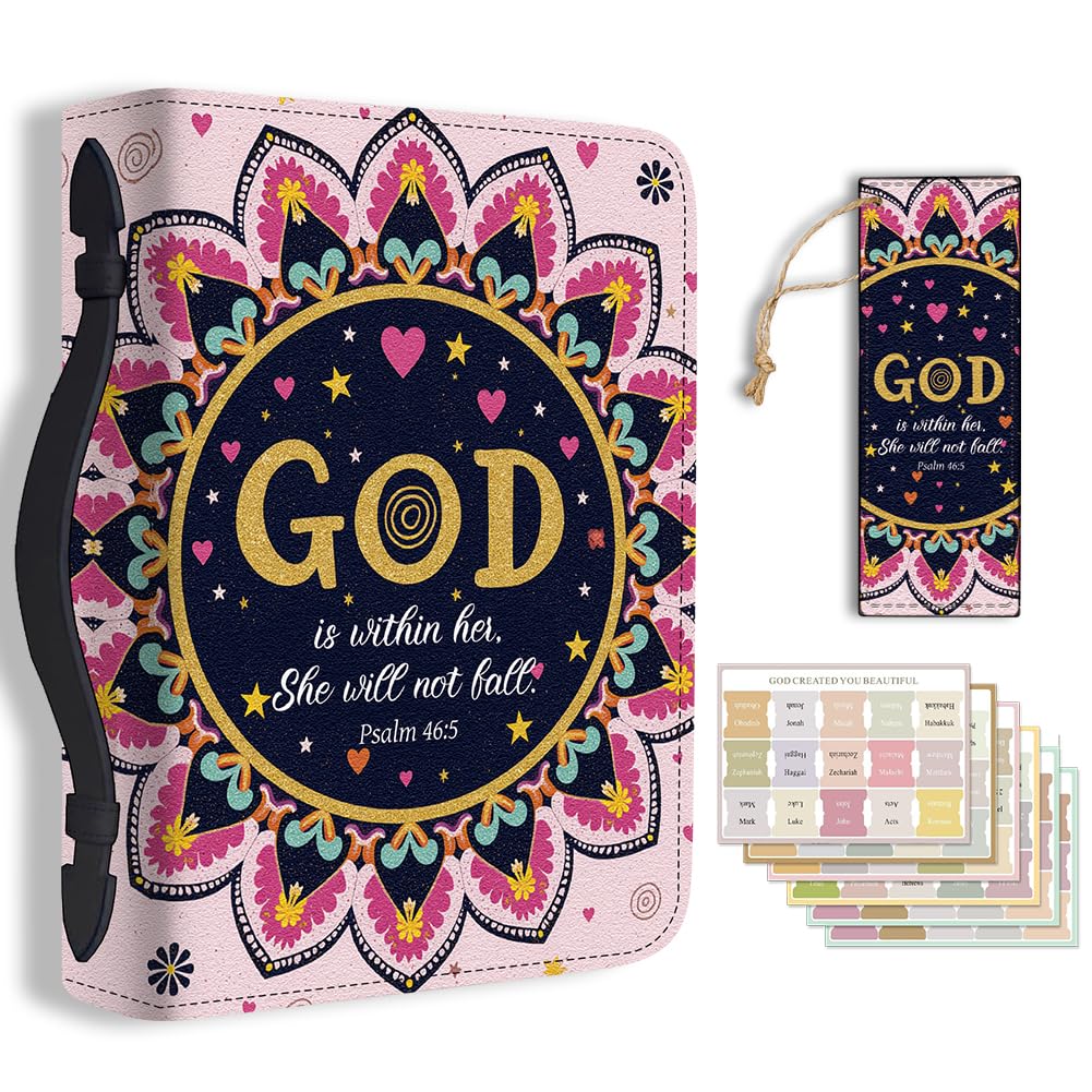 TNKBREEZE Pink Bible Cover Boho Mandala PU Leather Bible Case with Bookmark โ image 1
