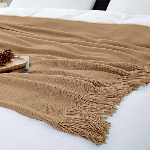 Miniatura 6 de Vonty Manta de punto marrón claro con borlas y flecos, 50 x 60 pulgadas, manta de punto súper suave, manta ligera decorativa de granja para sofá,