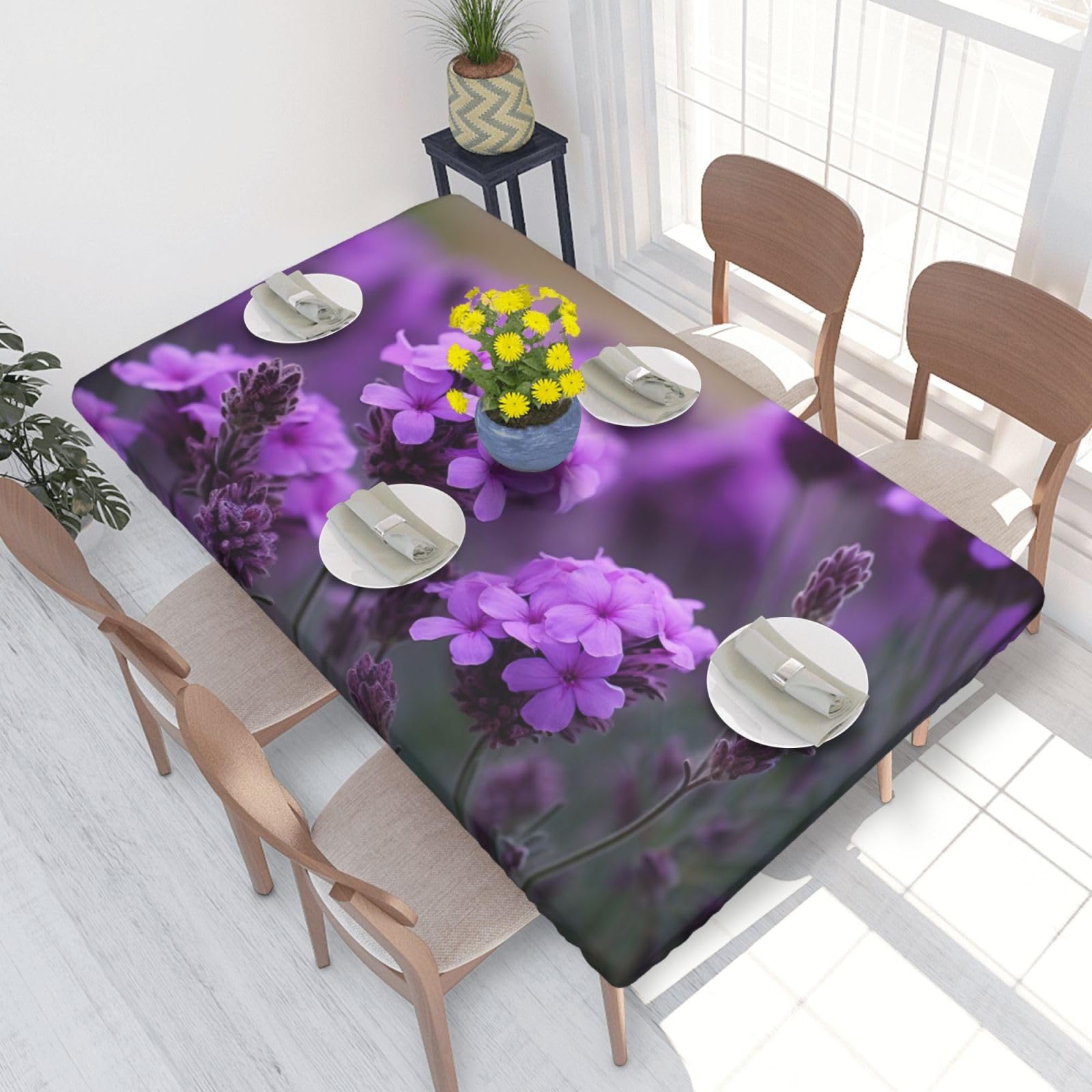 DCARSETCV Lavender purple flowers Printed 4FT Waterproof Tablecloth with Elastic Edged Protect & Decor Your Table, Oil-proof Washable Table Cloth Cover for Dinner Picnic Party