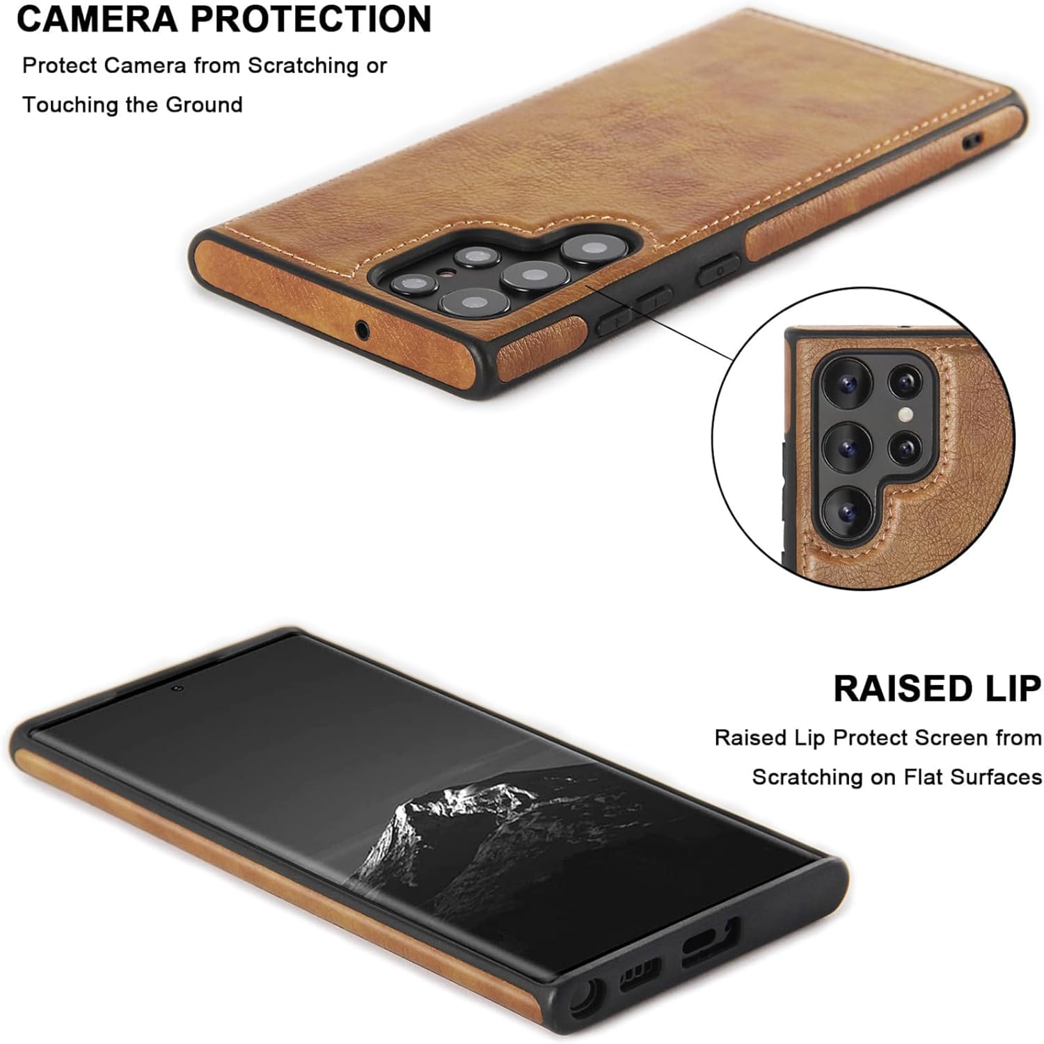 LXURY Leather Case for Samsung Galaxy S24 Ultra/S24 Plus/S24, Slim Business Cover with Lens Protection and Support Wireless Charging Leather Case,Brown,S24