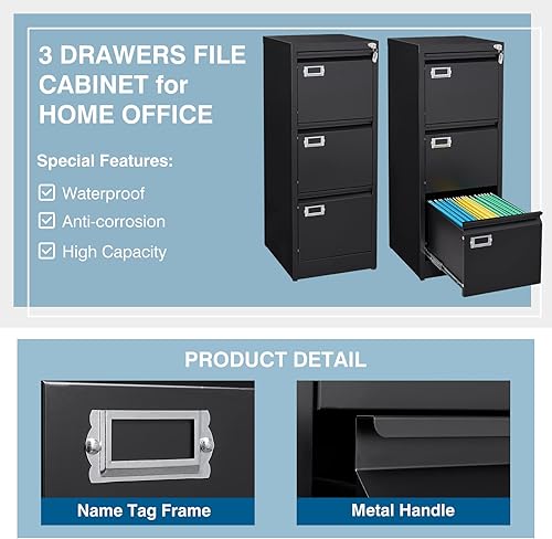 Miniatura 5 de PEUKC Archivador de 3 cajones, archivador vertical de 16.3 pulgadas de profundidad con cerradura, archivador de metal para oficina en casa, 3
