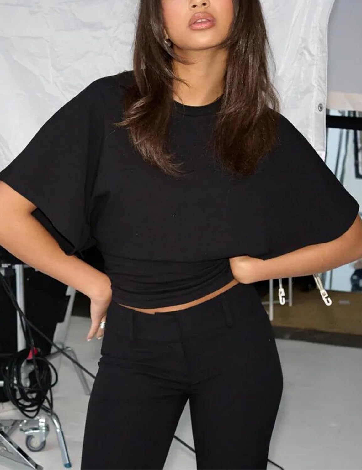 Lumister Shirts for Womens Crewneck Tighten Waist T-Shirt Casual Short Sleeve Workout Tops Solid Color Basic Tees - Image 5