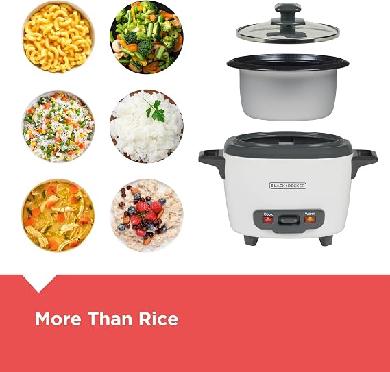 BLACK+DECKER Rice Cooker, 1.5-Cup Uncooked (3-Cup Cooked) Rice, Steaming Basket, Removable Non-Stick Bowl, One-Touch, White