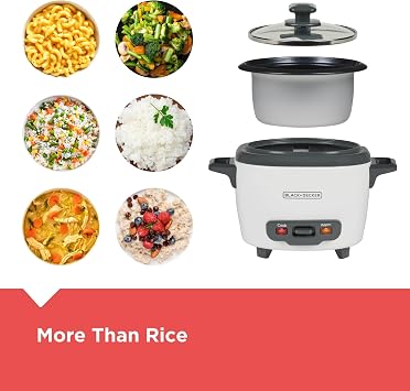 BLACK+DECKER Rice Cooker, 1.5-Cup Uncooked (3-Cup Cooked) Rice, Steaming Basket, Removable Non-Stick Bowl, One-Touch, White
