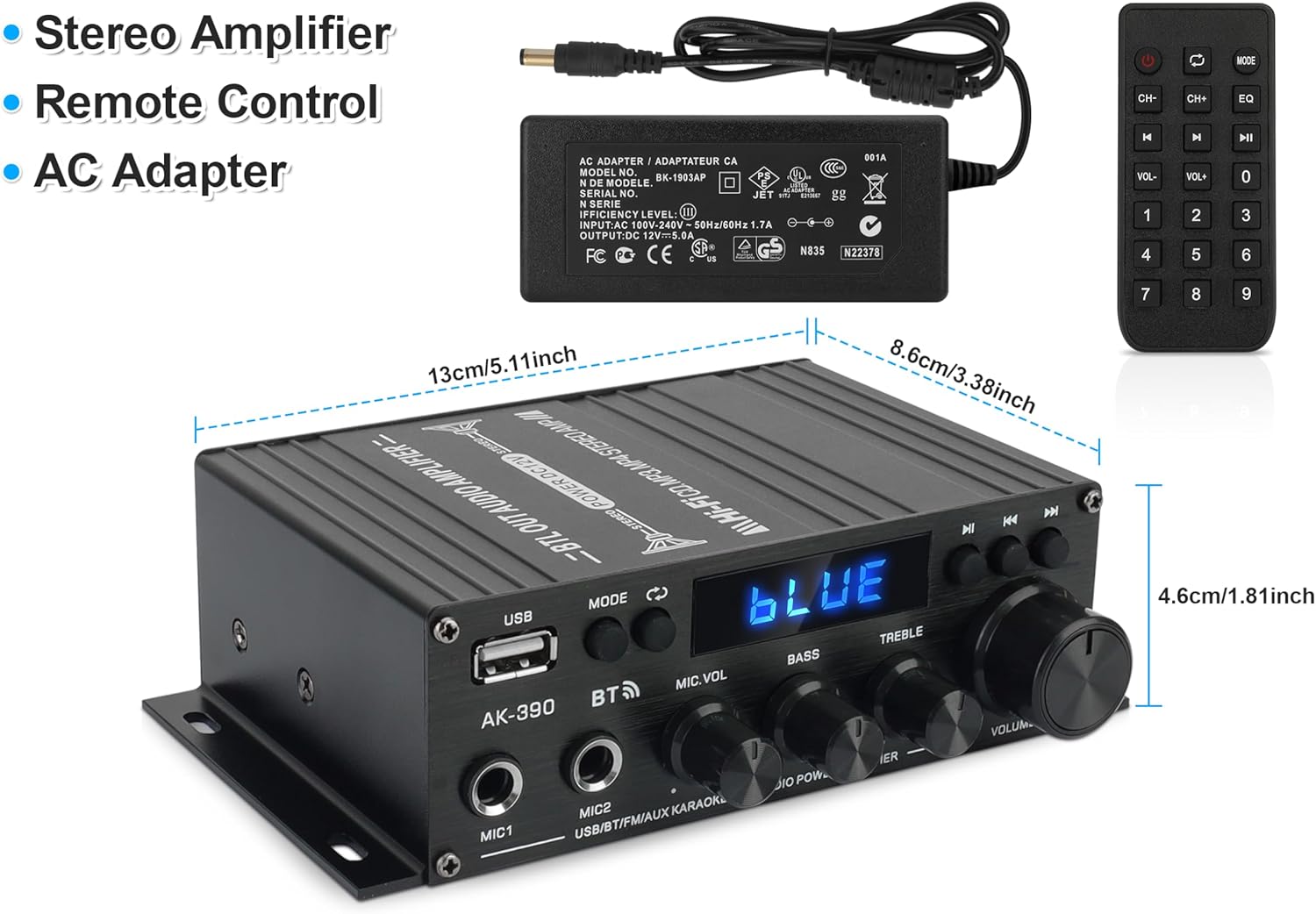 AK390 amplifier with remote control, AC adapter, and dimensions