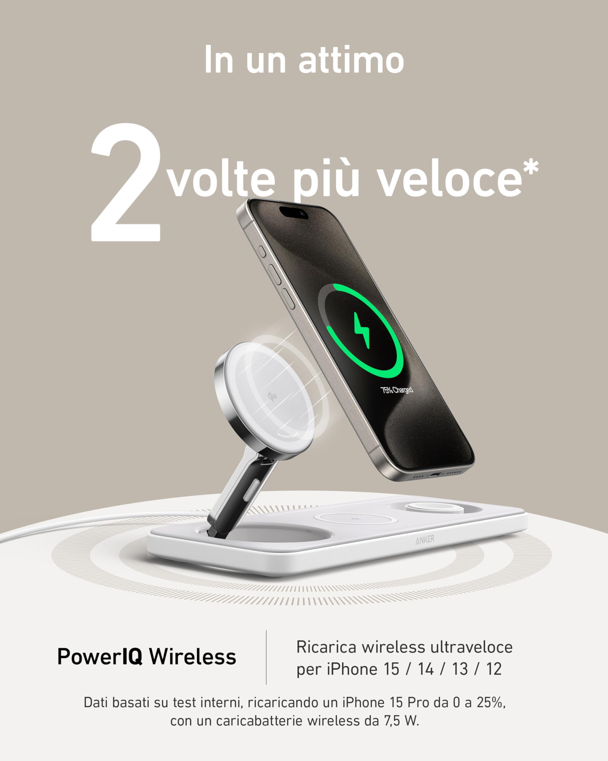 Anker Caricatore Wireless iPhone 15W Stazione di Ricarica 3 in 1, Caricatore Ultra-Rapido Certificato Qi2, per iPhone 17 Pro Max/Serie 16-12, AirPods, Apple Watch(Caricatore e Cavo USB-C Inclusi)