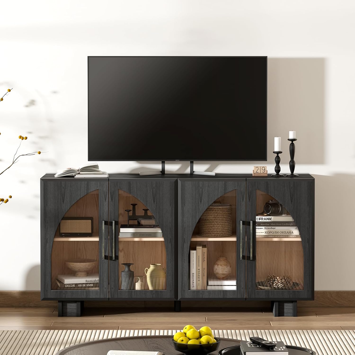 Jiansu furni,63" Sideboard Buffet Cabinet with Arched Glass Doors, Modern Black Kitchen Credenza with Storage, Heavy Duty Coffee Bar Console Table for Dining Room, Living Room, Entryway