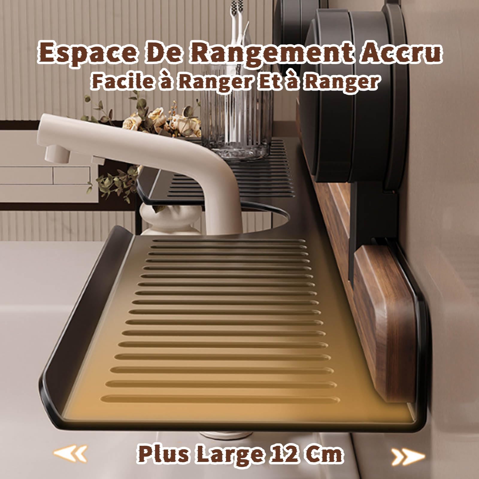 Étagère De Salle De Bain à Ventouse En Noyer – 50 Cm, Fixation Sans Perçage, Design Ajouré En U Pour Robinet, Capacité 2 Kg - 12