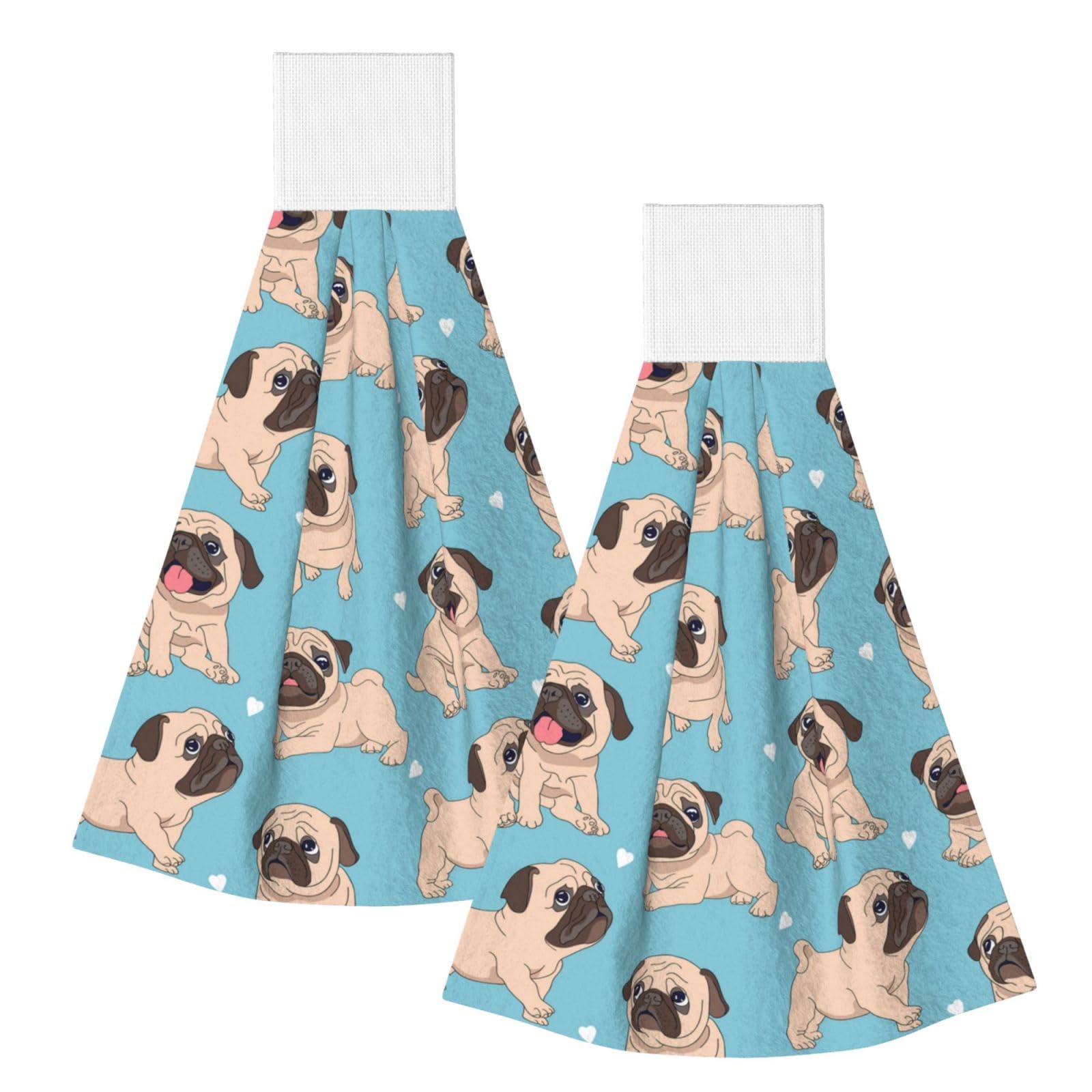 DOPKLNA Pug, 2 Pcs Hanging Coral Fiber Hand Towels for Bathroom, Absorbent Kitchen Towels
